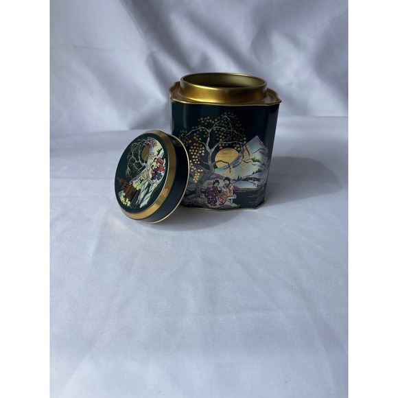 Vintage Chinoiserie Metal Tea Tin Green Gold Pagoda Landscape Storage Canister - Picture 6 of 8
